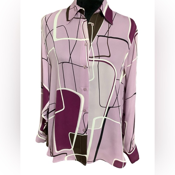 Silk Club collection Geometrical pattern  silk long sleeve blouse. Size Small. - Picture 1 of 14